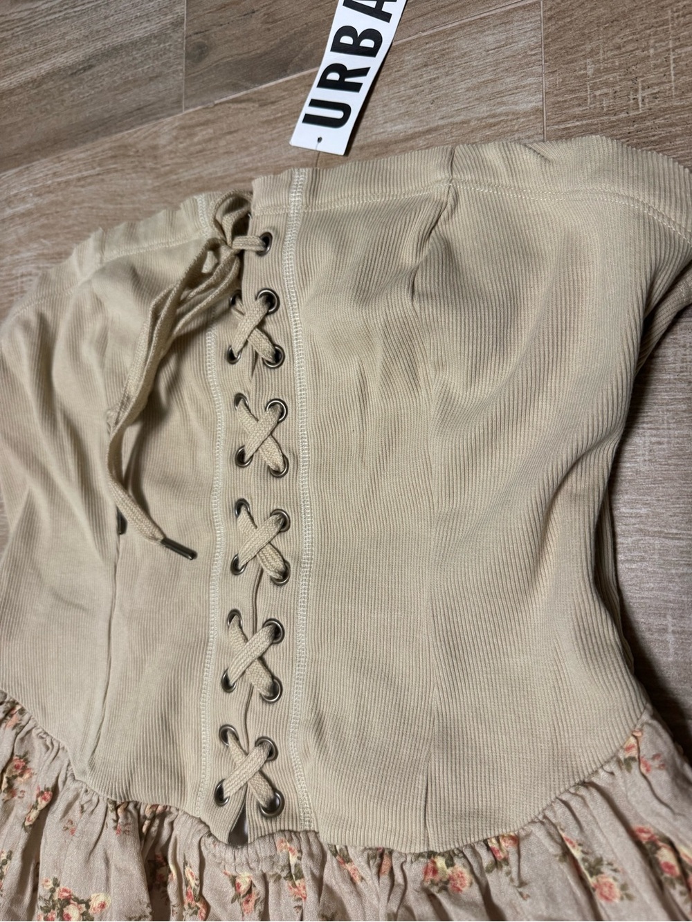 Urban Outfitters Ecote Strapless Lace-Up Tan Floral Midi NWT SIZE XL $79 - Picture 4 of 8